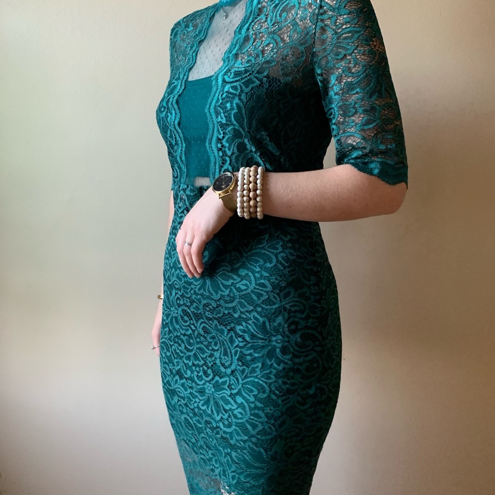 Midi lace dress with high neck